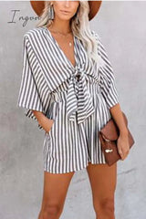 Ingvn - Striped Short Sleeve Loose Jumpsuit
