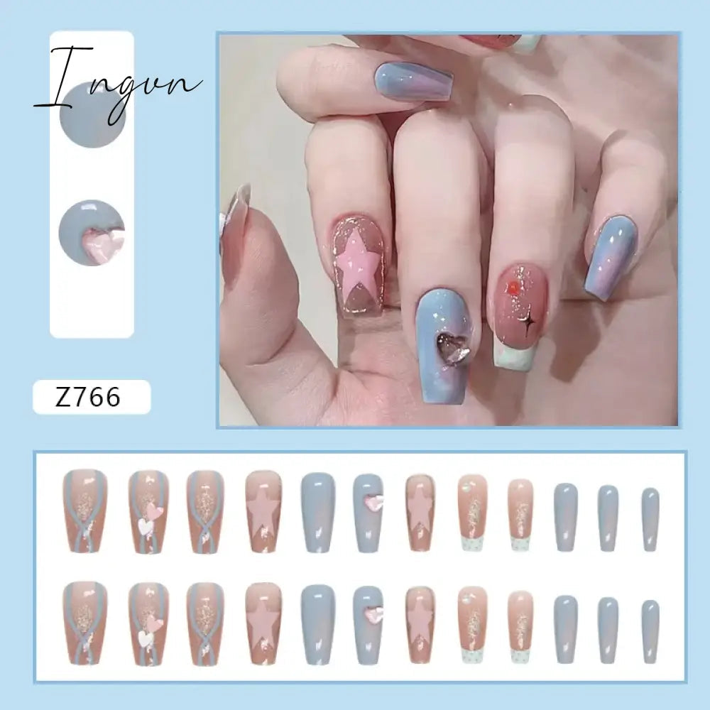 24pcs/Box Gradient Nail Art Patches False Nails Short Square Nail Blue Starry Glitter Teardrop Diamond Fake Nail Tips