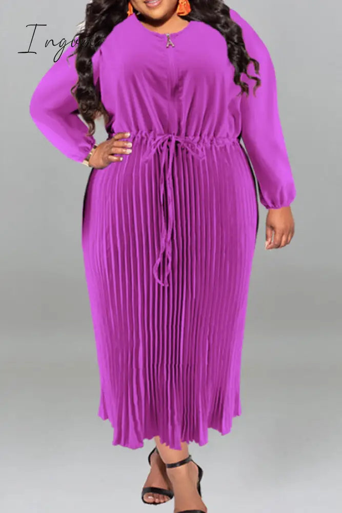 Ingvn - Gold Casual Street Solid Patchwork Draw String Zipper Pleated O Neck Long Sleeve Plus Size Dresses
