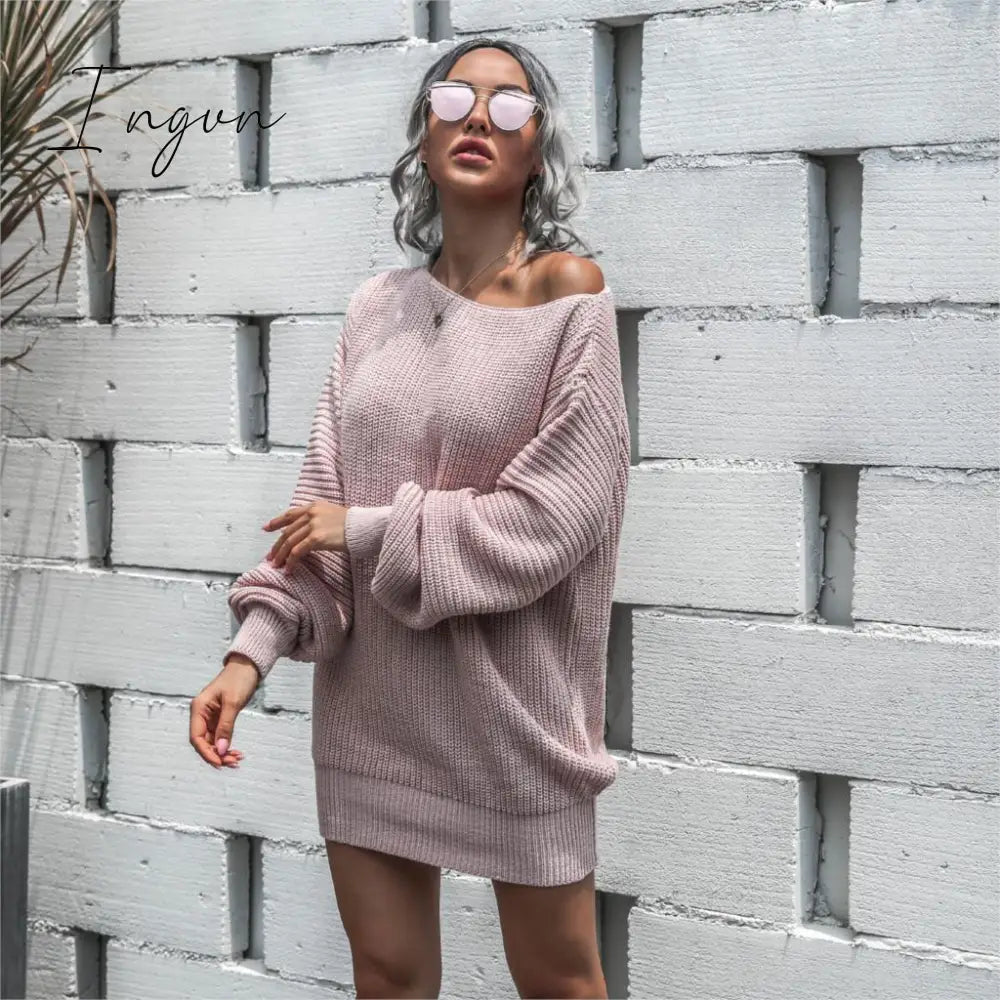 Ingvn - The hottest ladies casual off-shoulder lantern sleeve knitted sweater dress