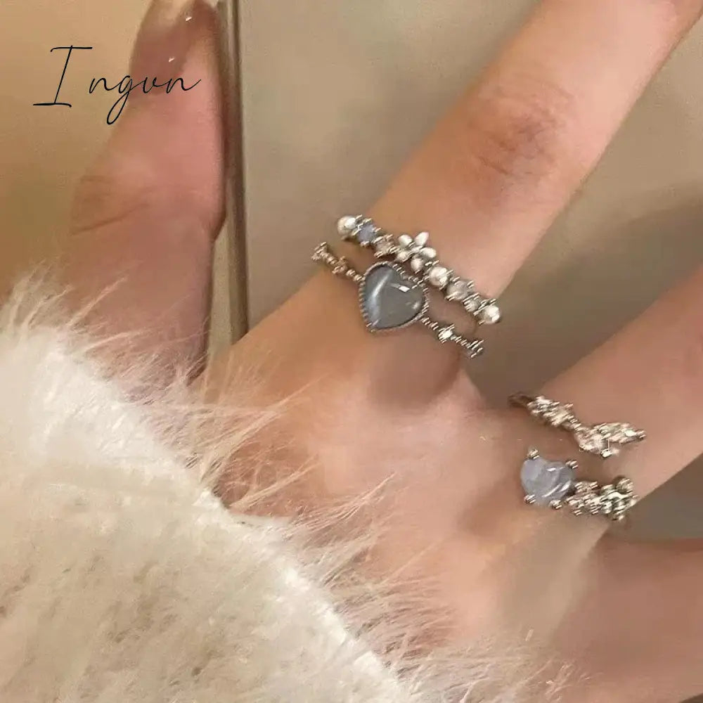 3pcs New Arrived Romantic Cute Blue Heart Ring for Women Exquisite Jewelry Set Ring Micro Flower Zircon Party Dating Accessories