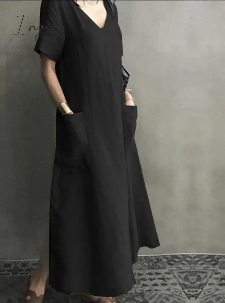 Ingvn - Women Long Maxi Summer Dress Casual Cotton Linen  Ladies Big Pockets Beach Party Robe Femme Vestidos Plus Size 5XL