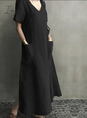 Ingvn - Women Long Maxi Summer Dress Casual Cotton Linen  Ladies Big Pockets Beach Party Robe Femme Vestidos Plus Size 5XL