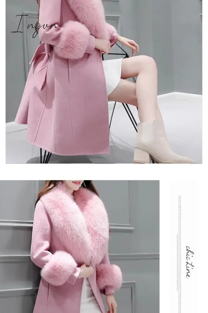 Ingvn - Fur Woolen Coat =New Women  Knee Mid-length Korean Fashion Big Fur Collar Beautiful Cloak Red Pink White Camel S To 3XL