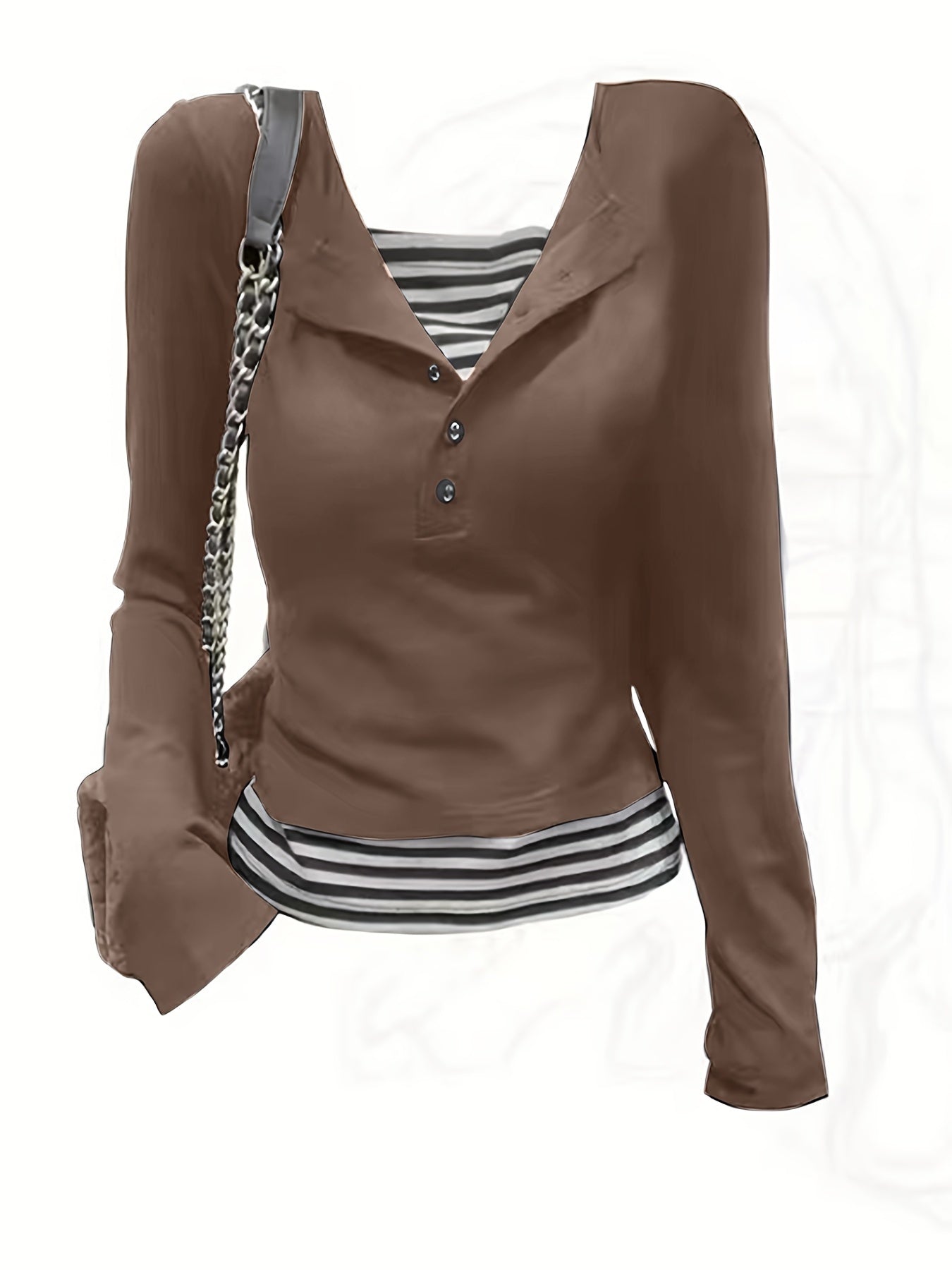 2 In 1 Long Sleeve Striped Print T-shirt, Casual Button Front Top For Women, Spring & Fall