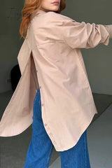 Ingvn - Street Solid Buttons Slit Turndown Collar Tops