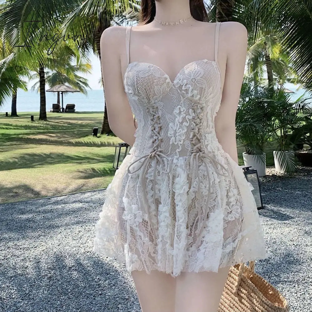 Ingvn - Backless Dress Women Lace Sexy Short Embroidery Mini Y2k Push Up Dress with Flowers Korean Dress Summer Gothic Party
