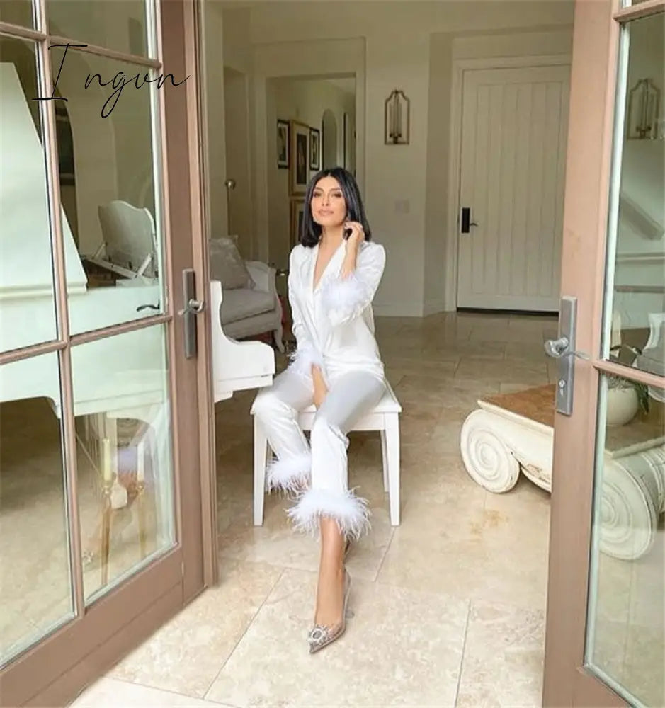 Ingvn - Trendy Women Pajamas Set Autumn Casual Lapel Tops + Feather Pants Suits Sexy Lingerie Nightwear Silk Satin Pyjamas pjs Suit 2Pcs