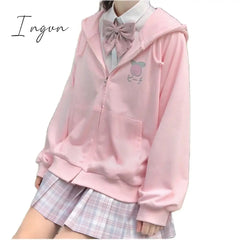 Ingvn - Harajuku Sweet Fruit Print Women Hoodie Pocket Spring Loose Thin Zipper Sweatshirt Girl Cute Pink Plus Size Clothes Among Us