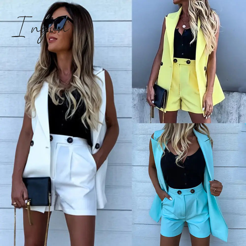Ingvn - Women Sleeveless plaid button up elastic waist Blazer Top and pocket short Set Elegant Office Ladies Suits Women Workwear