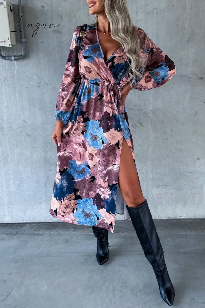 Ingvn - Elegant Floral Slit V Neck Printed Dress Dresses