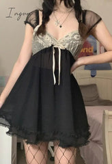 Ingvn - Summer Outfits Hot Sell Patchwork Lace Cute Y2K Chiffon Dresses Women Square Collar Elegant Grunge Fairycore Clothes Ruffles Short A Line Dress
