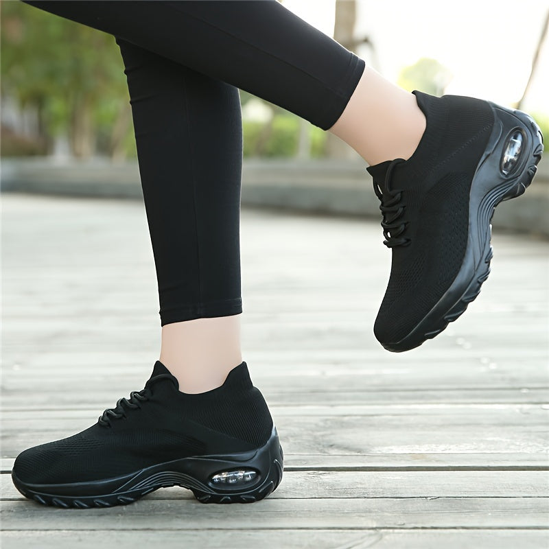 Comfortable Air Cushion Sneakers for Women - Breathable Mesh Upper, Thick Sole, Lazy Lace-Up Design, Fabric Material, Ideal for Casual Running, Sports, and Business Wear