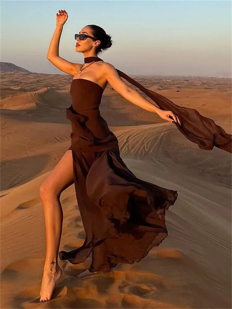 Summer Female With Ribbon Long Dress Elegant Mesh Backless Patchwork Slim Fashion Party Dress Gown Women's Bodycon Dress