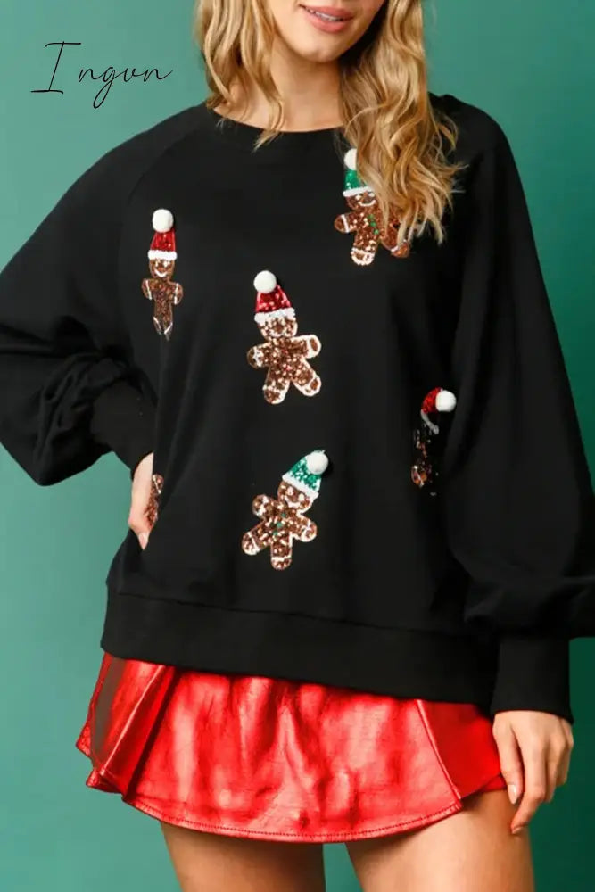 Ingvn - Casual Sweet Santa Claus Sequins Patch O Neck Tops