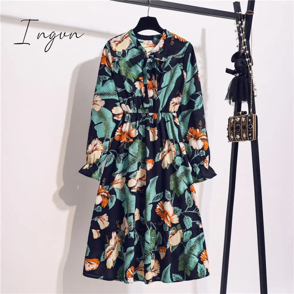 Ingvn - 11 Style Beautiful Fashion Summer Women Long Sleeve Dress Retro Collar Casual High Waist Dresses Floral Print Chiffon Clothing