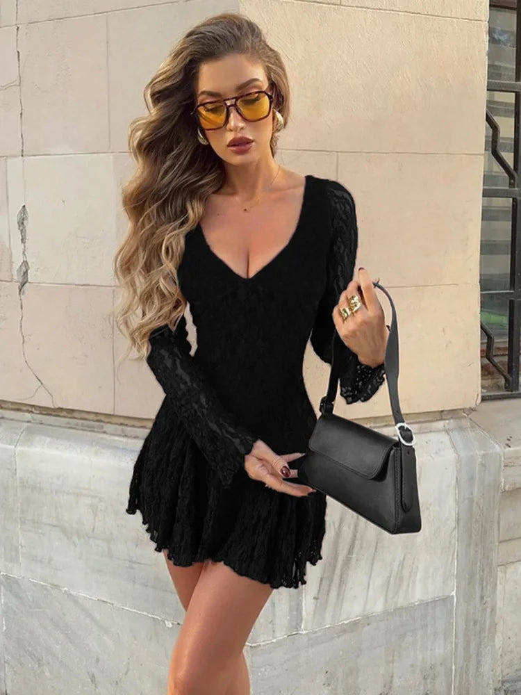 Lace Hollow Out Long Sleeve Sexy Mini Dress For Women Fashion V Neck Wine Red High Waist Club Elegant Dress New Dresses