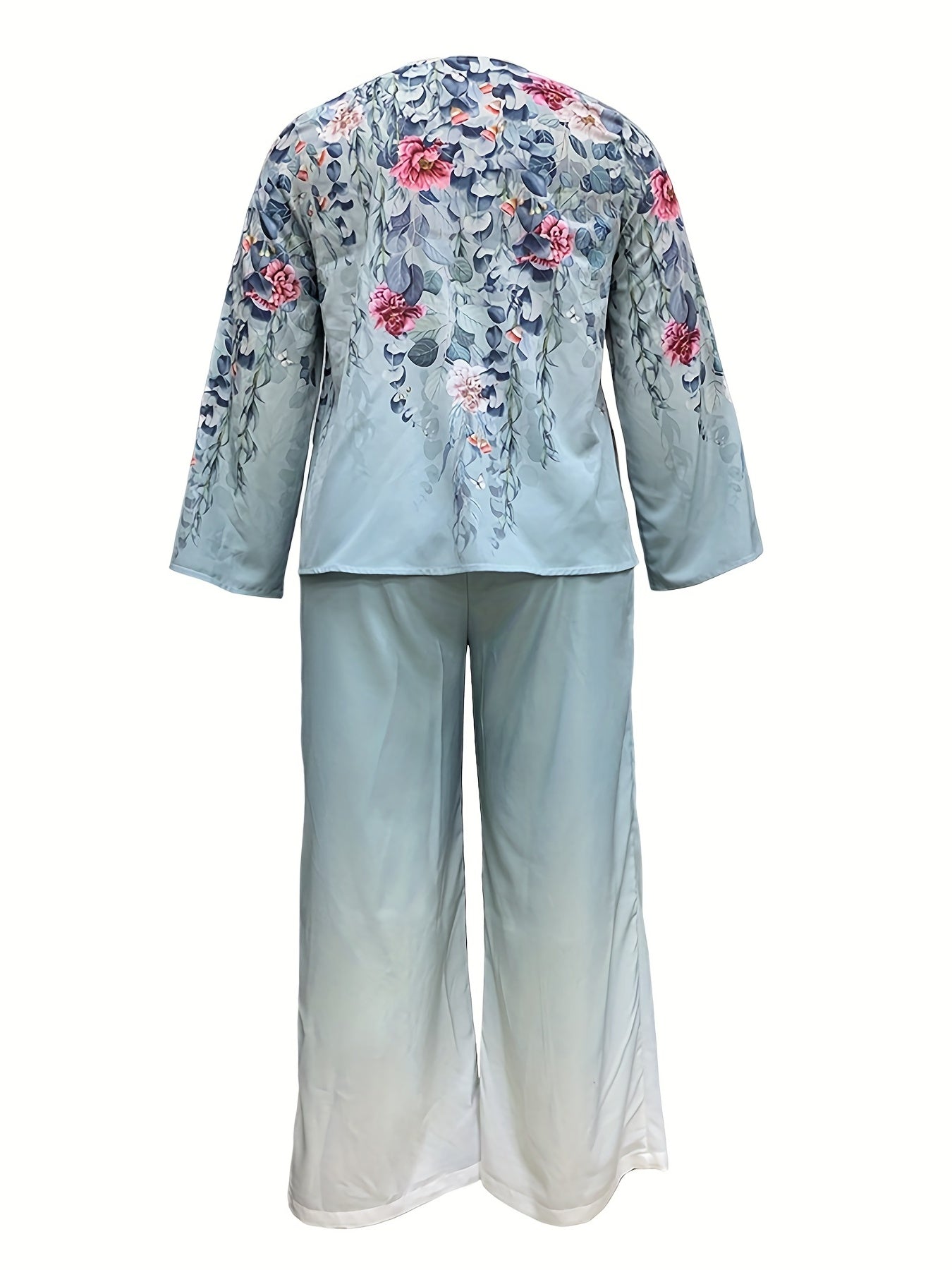 Plus Size Casual Outfits Set, Women's Plus Floral Print Long Sleeve Round Neck Top & Wide Leg Pants Outfits Two Piece Set