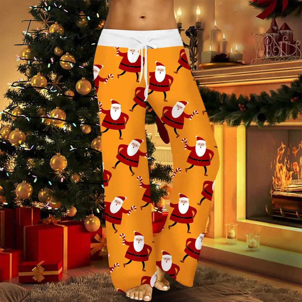 Ingvn - Womens Christmas Pants Cartoon Santa Claus Print Pants Wide Leg Pants Pull Rope Elastic Drawstrings Sweatpants Straight Trousers