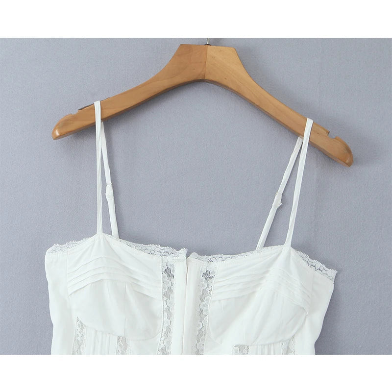 Sexy Sweet Women Lace Spliced White Sling Mini Dress Layers Cake Hem A-line Short Summer Dress Holiday Robe Cotton