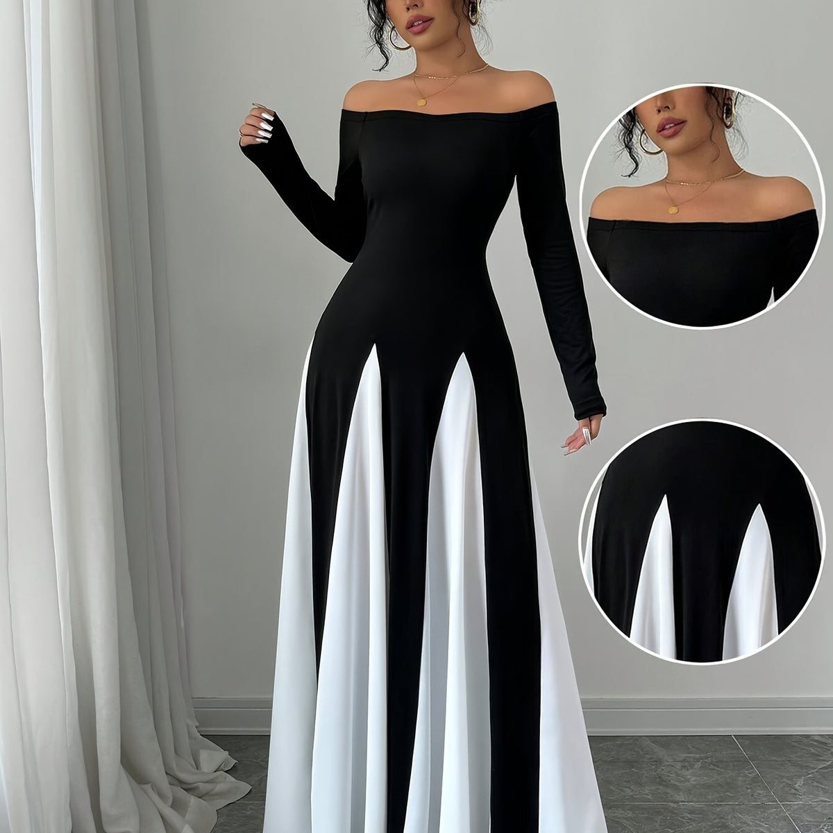 Elegant Black and White Symphony Kimono Dress, Polyester 95% Elastane 5%, Solid Color, Strapless, Knit Fabric, Spring/Summer Collection for Adults
