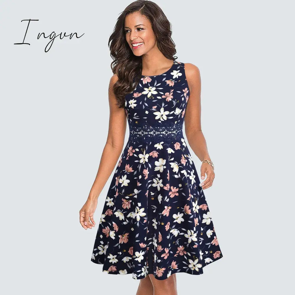 Ingvn - Women Vintage Casual Round Neck A line Summer Elegant Floral Lace Patchwork Sleeveless Tunic Party Swing Dress HA079