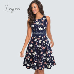 Ingvn - Women Vintage Casual Round Neck A line Summer Elegant Floral Lace Patchwork Sleeveless Tunic Party Swing Dress HA079