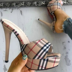 Ingvn - Women's Peep Toe Plaid Slip-on Stilettos Thin Heels