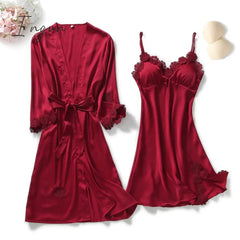 Ingvn - Yellow Robes Suit Autumn Women Nightgown Sets 2 Pieces Nightdress Bathrobe With Chest Pad Female Satin Kimono Bath Gown Sleepwea