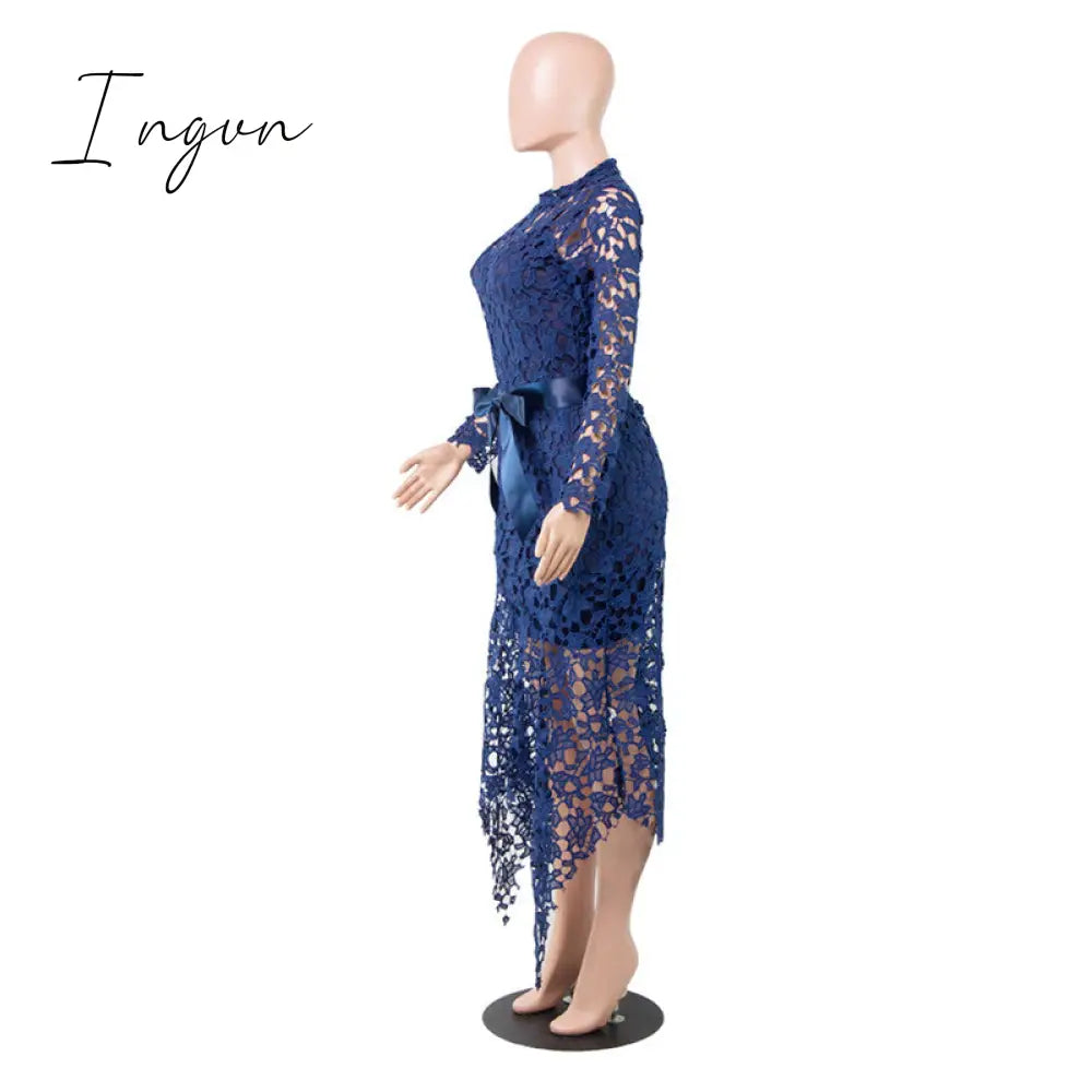 Ingvn - Slim Sexy Dress Women Spaghetti Straps Lace Mesh Perspective Party Fishtail Patchwork Midi Bodycon Plus Size Vestidos