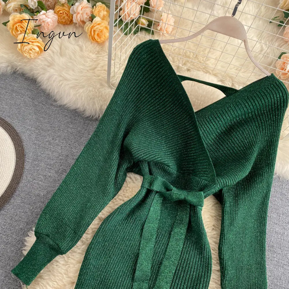 Ingvn - Women Shiny Knitted Dress Sexy V Neck Puff Sleeve Elastic Sheath Knitting Dress Autumn Solid Bow Sashes Pencil Dress