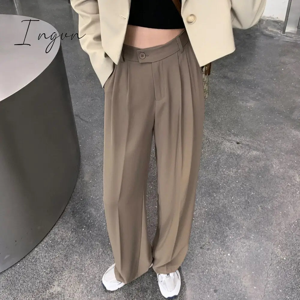 Ingvn - Spring Outfits Pants Women Korean Style Casual High Waist Chic Office Lady Female Elegant Black Straight Suit Pants Trousers Khaki