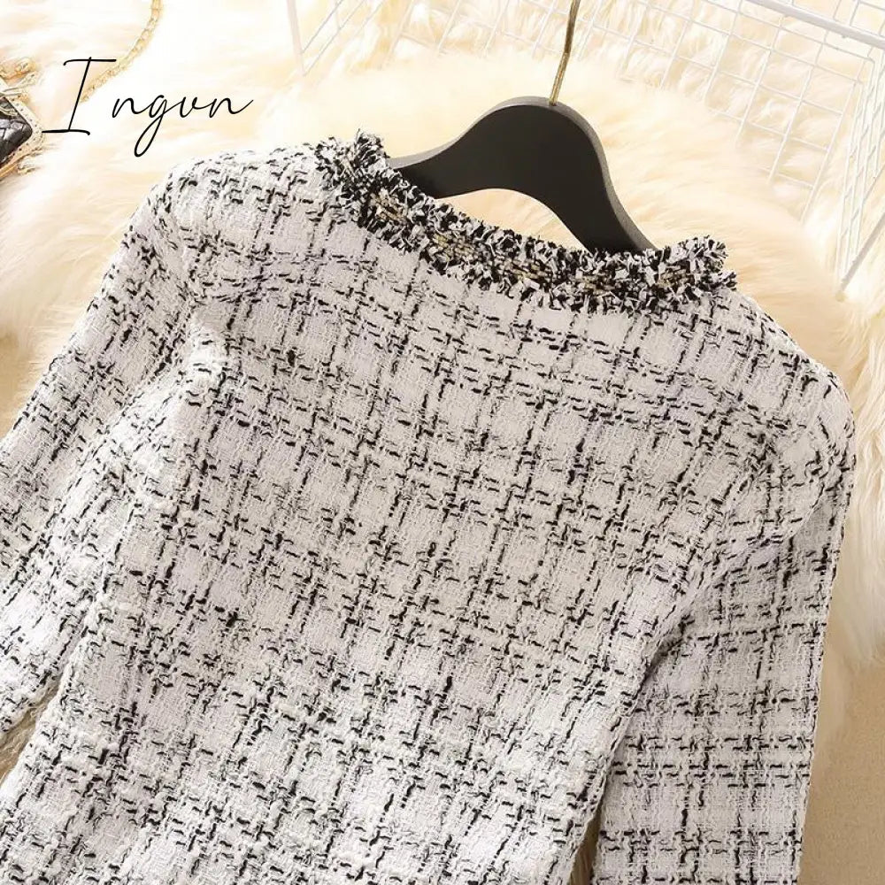 Ingvn - 2023 Trends Hot Sale Kurta For Women Cropped Tweed Coat Vintage O-Neck Open Stitch Tassel Slim Plaid Jacket Korean Blends Wool Outwear Tops Female