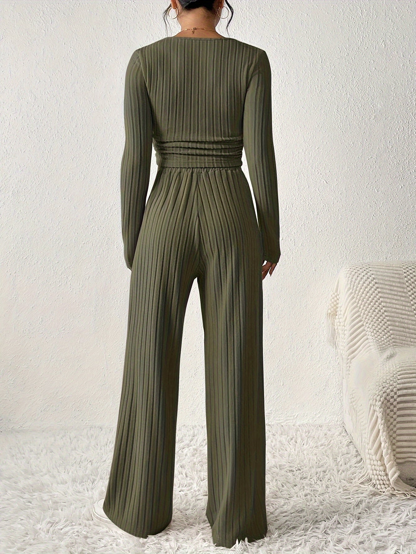 Women'S Fashion Set, Long Sleeve Round Neck Crop Top with Wide Leg Pants, Solid Color, Polyester Knit, Autumn/Winter Collection