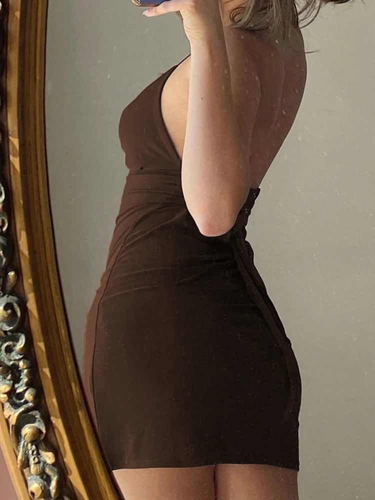 Women Maxi Dress Summer Elegant Solid Sleeveless Nipped Waist Slim Backless Ruffled Irregular Party Dresses StreetwearVintage Brown Women Bodycon Dress Sexy V Neck Sleeveless Party Mini Dresses Solid Basic Backless Stre