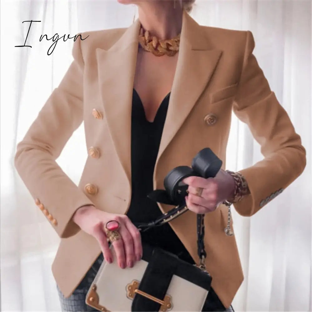 Ingvn - Winter Women Blazer Double Breasted Blazer Coat Fashion Slim long Sleeve Elegant Suit Jacket Office Women Blazer