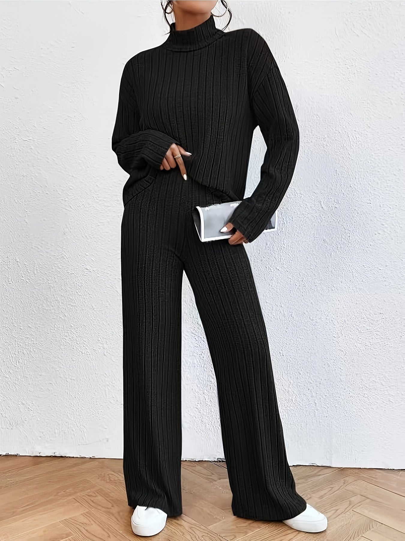 Solid Ribbed Two-piece Set, Casual Mock Neck T-shirt & Wide Leg Pants Outfits, Women's Clothing