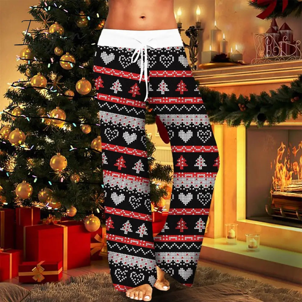 Ingvn - Womens Christmas Pants Cartoon Santa Claus Print Pants Wide Leg Pants Pull Rope Elastic Drawstrings Sweatpants Straight Trousers