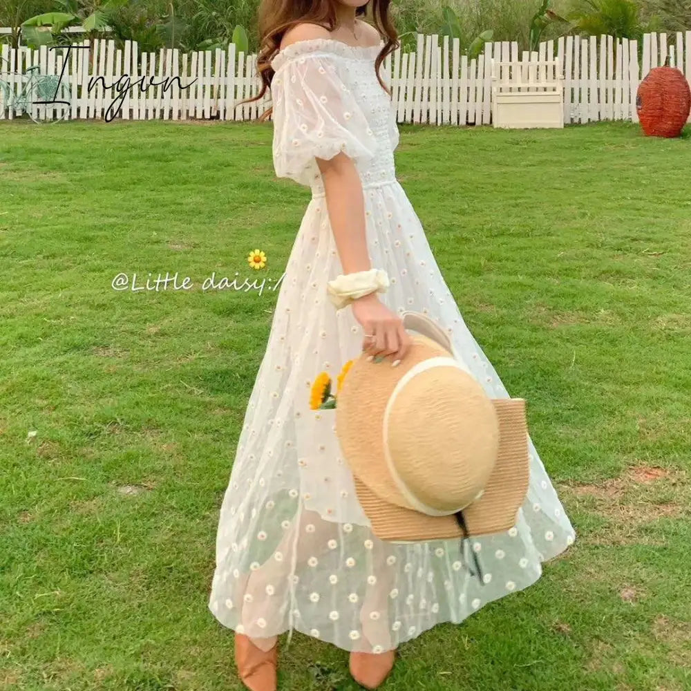 Ingvn - Embroidered Off-Shoulder Dresses Fairy Chic Gentle Dress Female New Style Sweet Daisy Printed Mesh Long Floral Dress Female