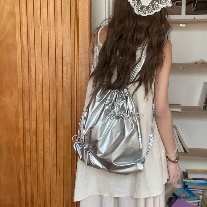 Ingvn  Elegant Silver Womens Backpack Pleated String Korean Style Fashion Small Backpack Designer Exquisite Daily New Female Bag