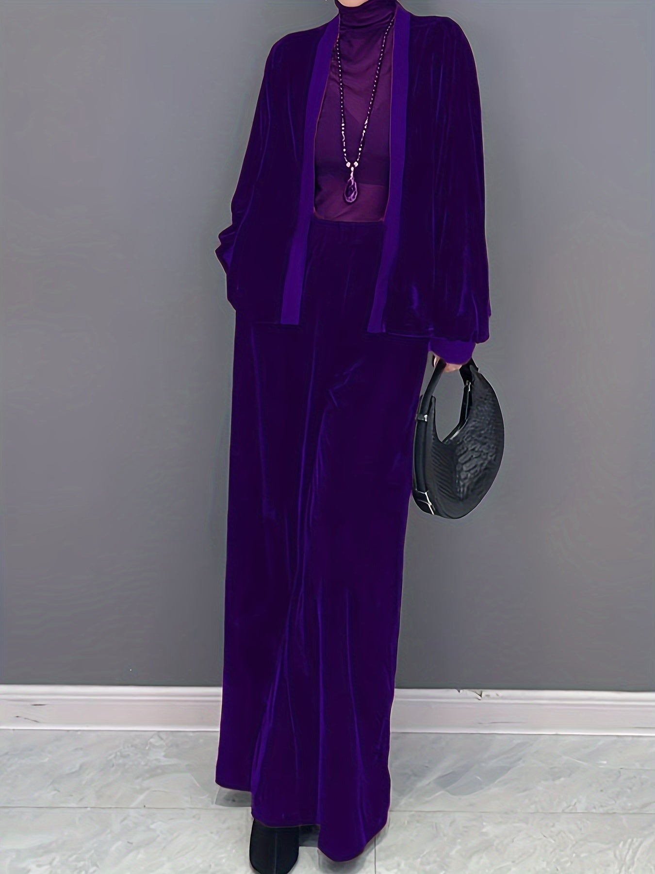 2 Pcs Velvet Solid Color Long Sleeve Open Front Top & Wide Leg Pants Outfit, Women's Clothing