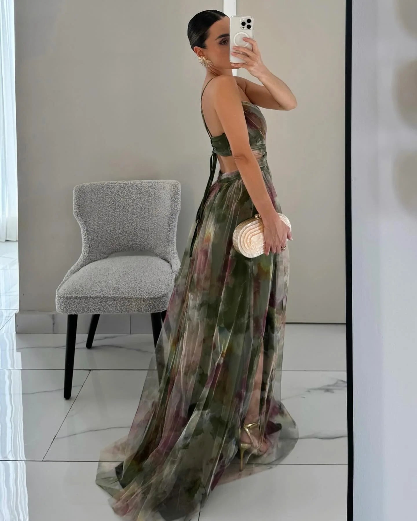 V-Neck Sexy Hollow Out Party Dress, Women Summer Loungewear Fashion Printing Maxi Dress, Sleeveless Lace-Up Ladies Dress Vestido