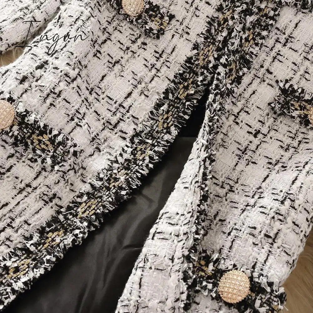 Ingvn - 2023 Trends Hot Sale Kurta For Women Cropped Tweed Coat Vintage O-Neck Open Stitch Tassel Slim Plaid Jacket Korean Blends Wool Outwear Tops Female
