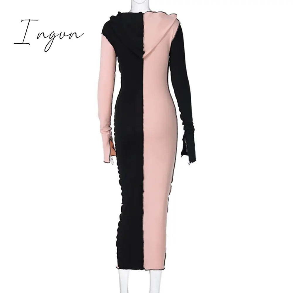 Ingvn - Long Sleeve Hooded Patchwork Skinny Maxi Dress Autumn Winter Women Fashion Streetwear Casual Outfits