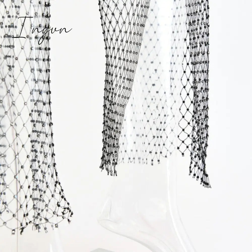 Ingvn - New Crystal Diamond Shiny Women Pants Summer Sexy Hollow Out Elastic Fishnet Trousers Fashion See Through Beachwear
