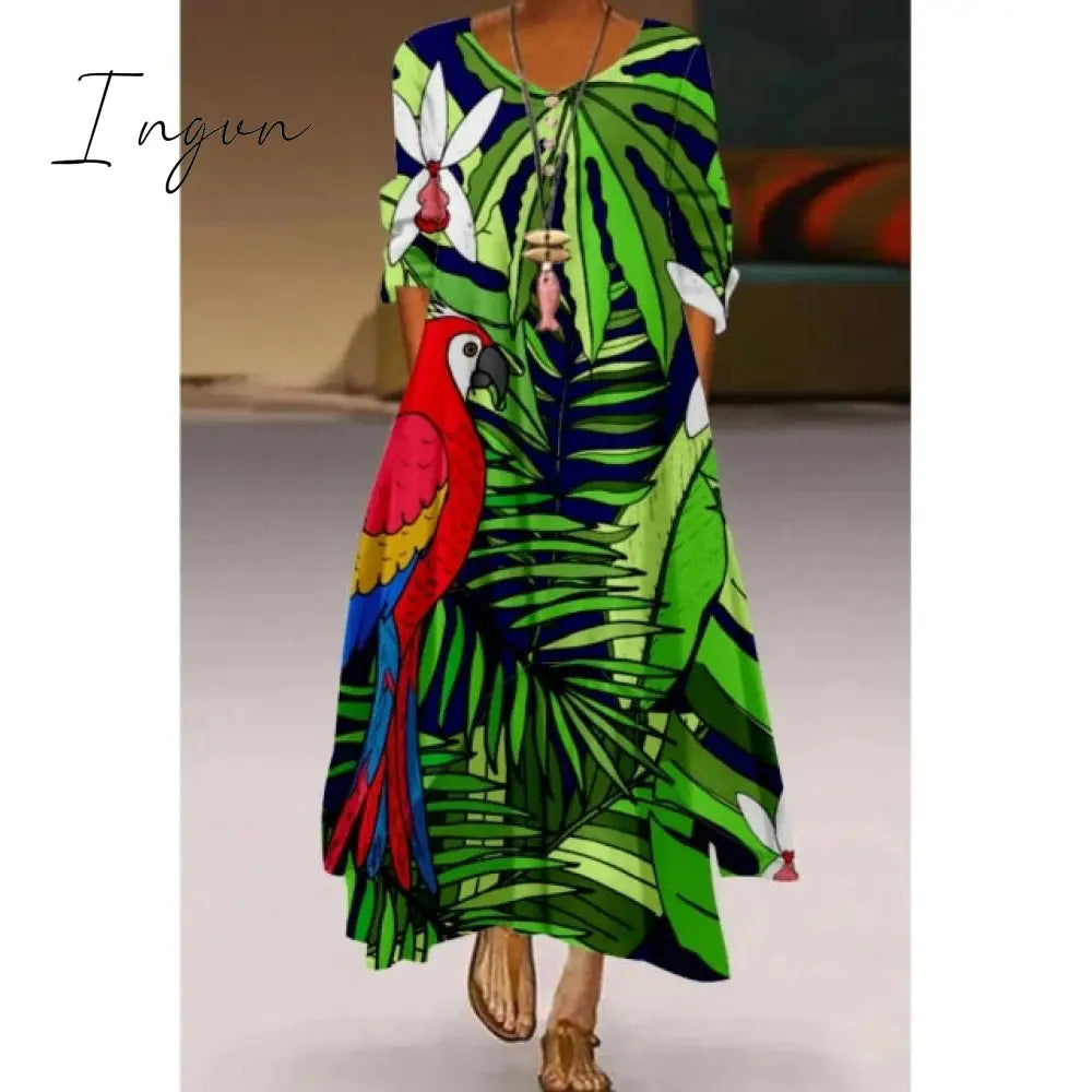 Ingvn - Fashion Summer Maxi Dress Women's Printed Sundress Casual Short Sleeve Vestidos Female High Waist Robe Femme midi elbise