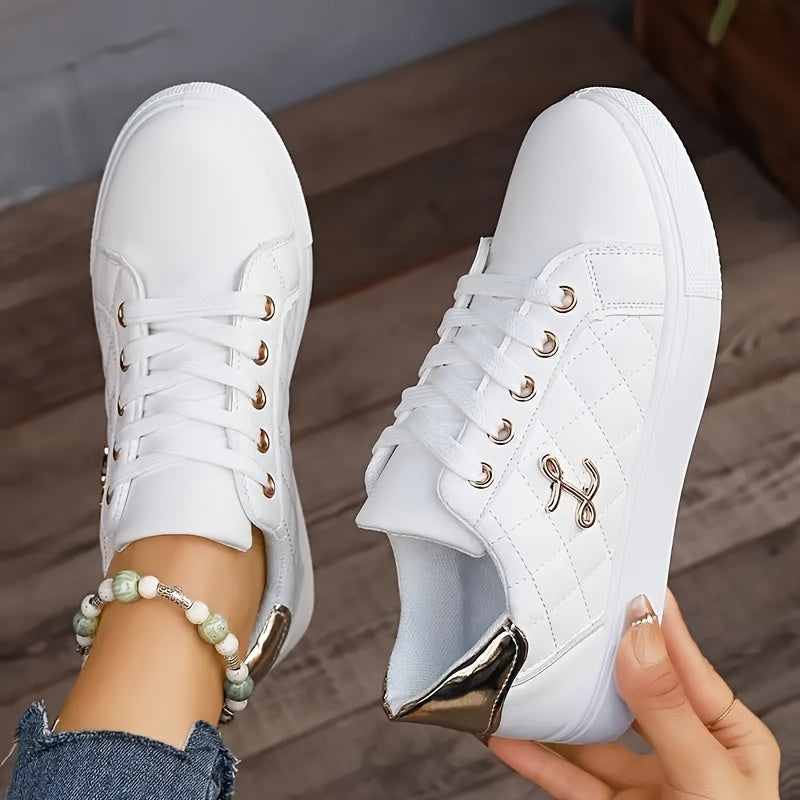 Women's Solid Color Casual Sneakers, Lace Up Platform Soft Sole Quilted Skate Shoes, Low-top Comfort White Shoes