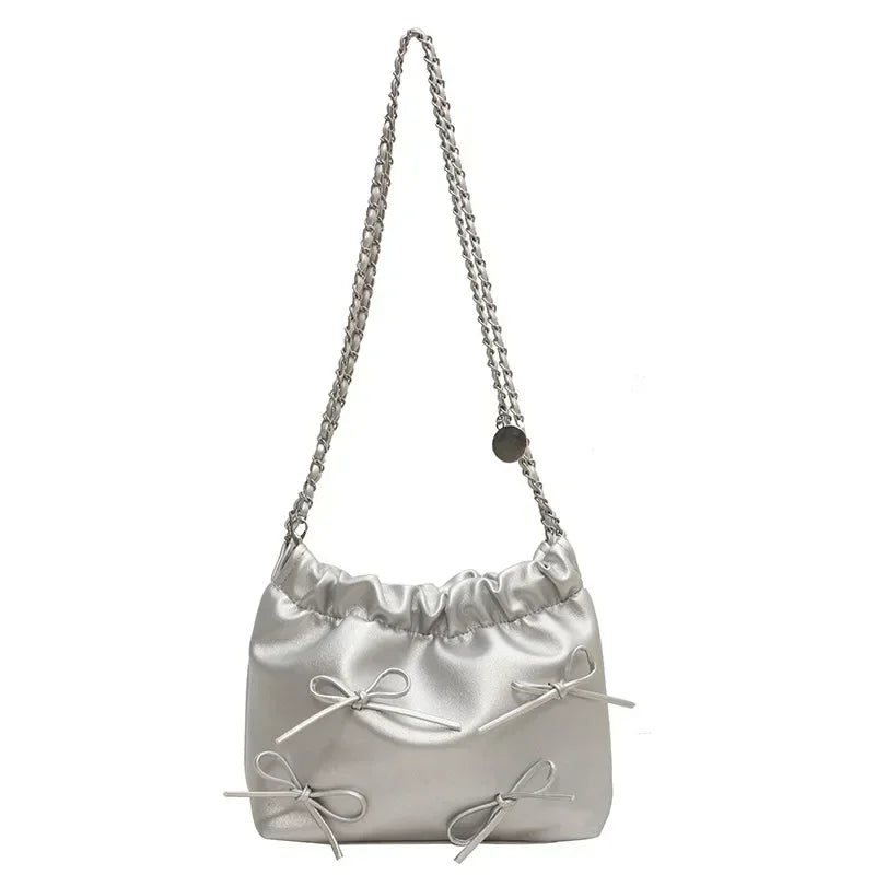 Ingvn  New Cute Small Bow Tie Design Crossbody Bags for Women Y2K Style Silver Handbags Leather Crossbody Bag Party Purses