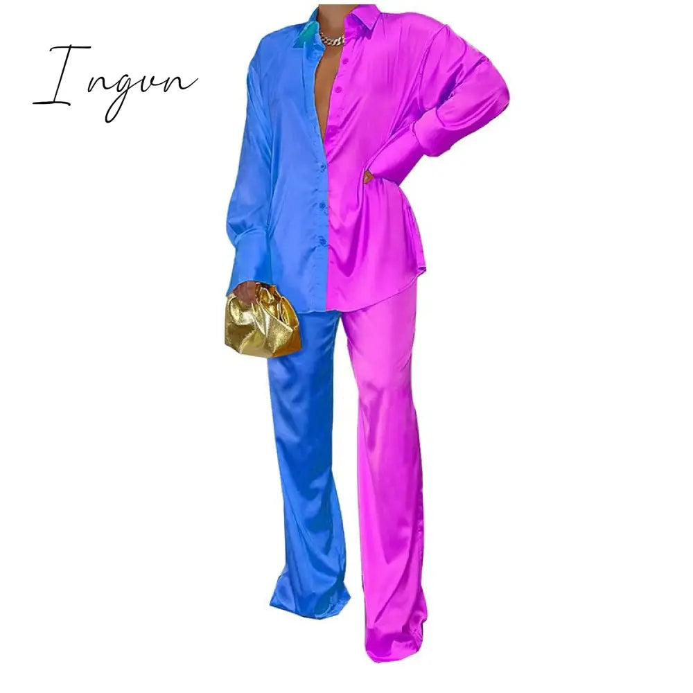 Ingvn - Women Elegant Satin Two Piece Sets Casual Feamle Solid Loose Outfits Long Sleeve Shirt And Wide Leg Straight Pants Suits