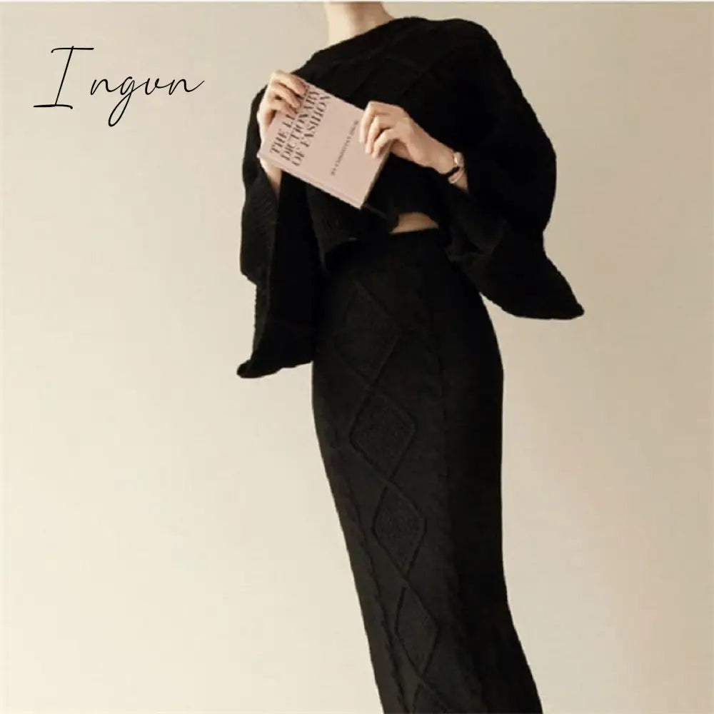 Ingvn - Autumn Winter Knitting Womens Two Peice Sets Elegant O-neck Long Sleeve Pullover Sweater Women+midi Skirt 2 Piece Sets Womens